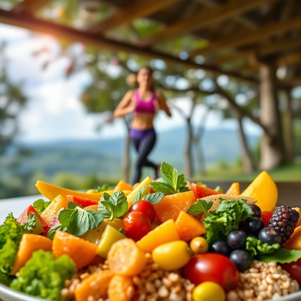A photorealistic image depicting a vibrant and colorful plate of fresh, healthy food, including various fruits, vegetables, and whole grains.  In the background, a person is shown engaged in a dynamic workout, such as yoga or running outdoors in a beautiful natural setting. The overall mood should be one of health, vitality and well-being.