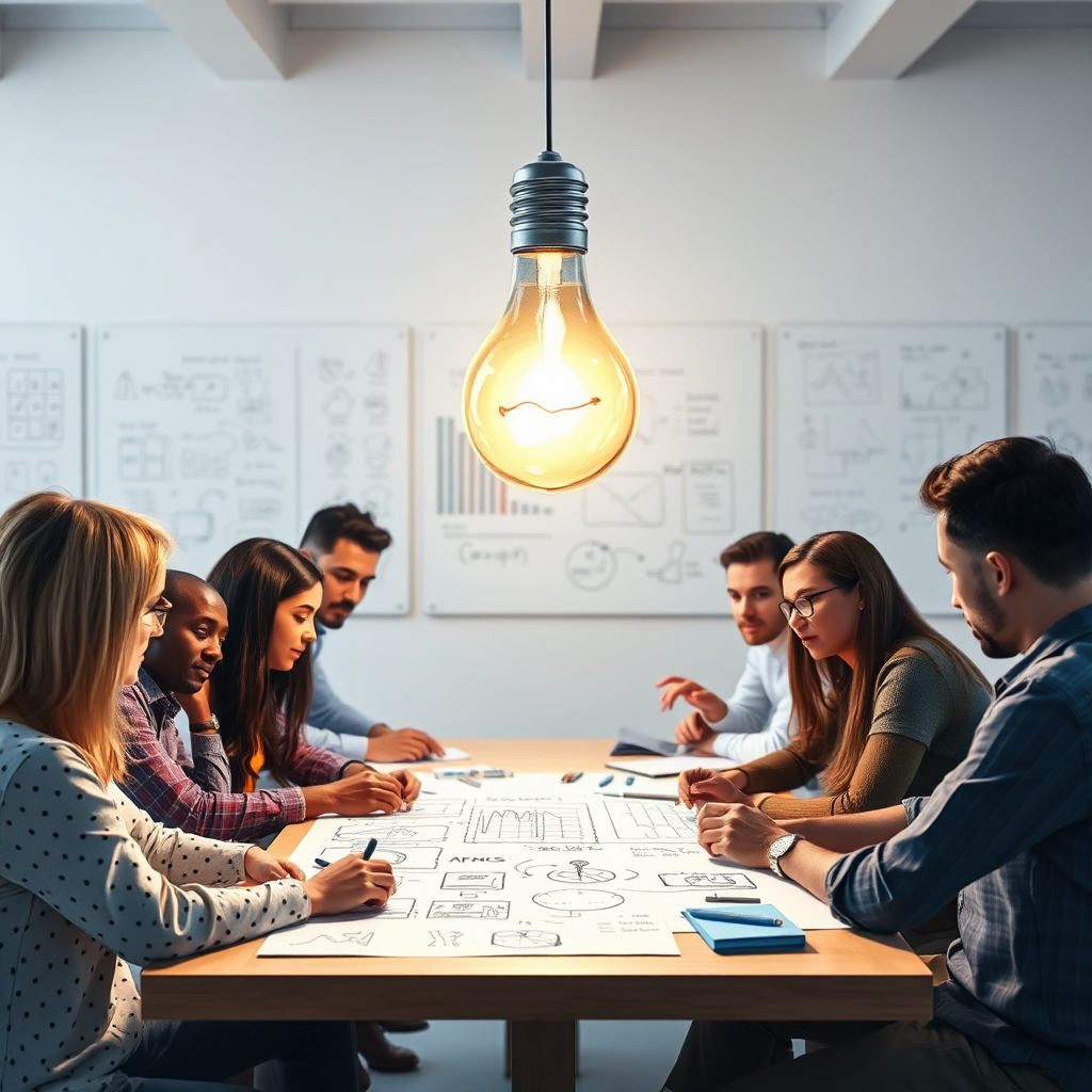 A photorealistic image depicting a lightbulb illuminating a group of diverse individuals brainstorming around a table filled with sketches and notes related to app ideas. The lighting is bright and inspiring, symbolizing the spark of innovation. The background shows a modern office space with whiteboards covered in diagrams and concepts. The focus is on collaboration and the generation of new ideas. 4K resolution.