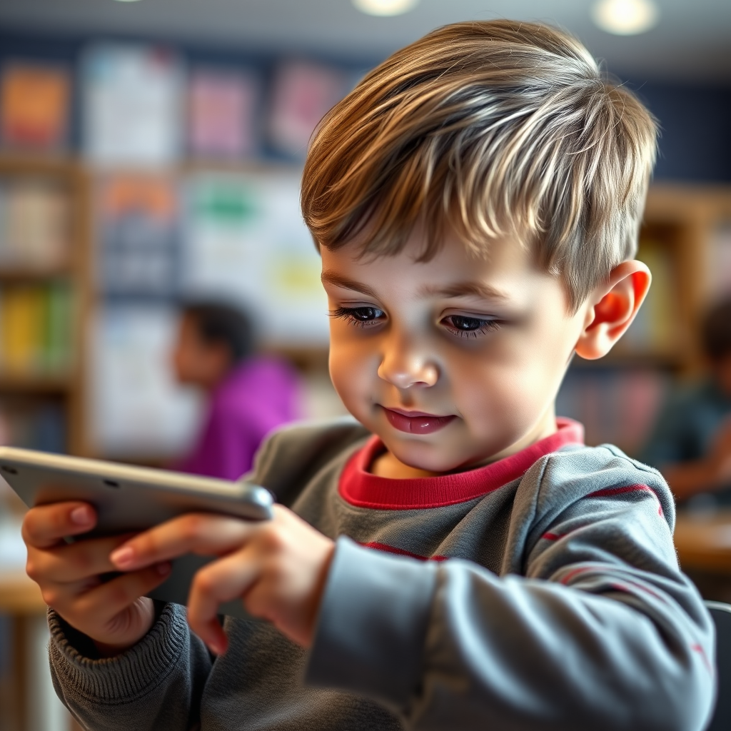 A photorealistic image of a child using an educational app on a tablet. The app interface should be colorful and interactive, with clear visuals and engaging animations. The child's face should be well-lit and expressive, conveying a sense of curiosity and excitement. The background is a blurred depiction of a classroom or a library, emphasizing the learning environment. 4K resolution.
