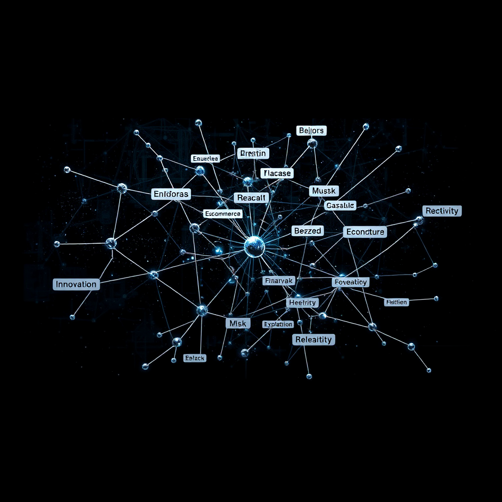 A photorealistic image of a complex neural network, visualized as interconnected nodes and pathways. The nodes should be labeled with keywords related to the achievements of Musk, Bezos, Jobs, and Einstein (e.g., 'Space Exploration', 'E-commerce', 'Innovation', 'Relativity'). The background should be a dark, textured surface. The lighting should be dramatic, highlighting the connections between the nodes. 8K resolution, hyperrealistic.