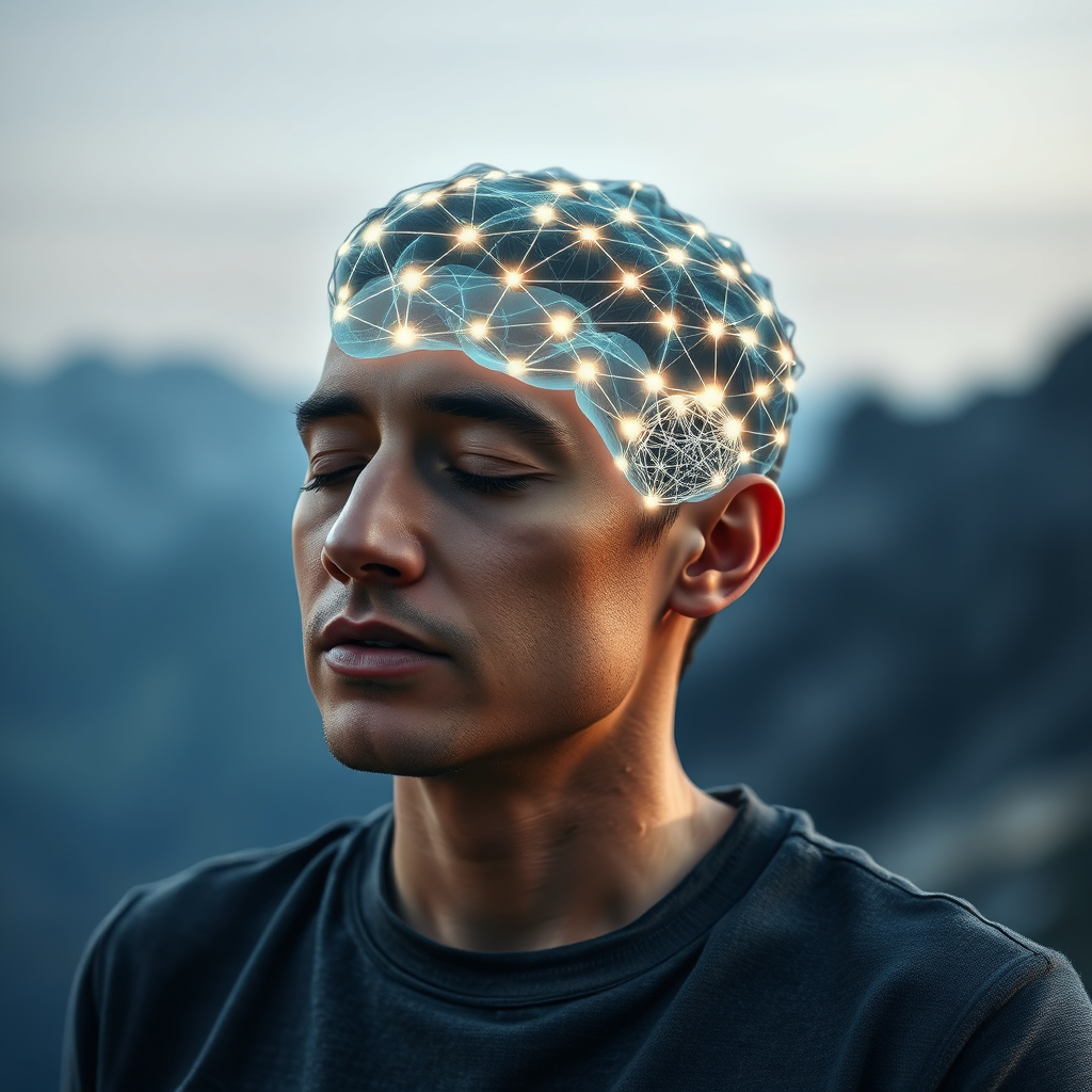 A photorealistic image of a person meditating, with a subtle holographic overlay showing their brain activity. The brain activity should be visualized as glowing, interconnected nodes. The background should be a serene and peaceful environment, such as a mountain landscape. The lighting should be soft and natural. The camera angle is a medium shot, focusing on the person's face and the holographic overlay. 8K resolution, hyperrealistic.
