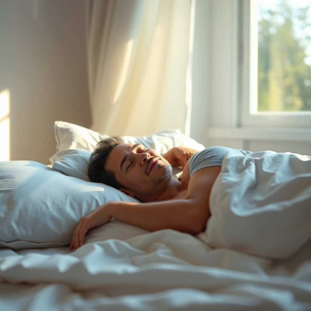 A photorealistic image of a person sleeping soundly in a comfortable bed, sunlight streaming through a window. The room is peaceful and inviting. The overall scene conveys a feeling of deep, restful sleep and rejuvenation.  Focus on soft lighting, comfortable bedding, and a calm atmosphere.