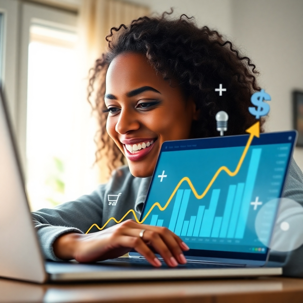 A photorealistic image of a person smiling and looking at a laptop displaying graphs showing upward financial trends, with icons of various online income streams like affiliate marketing, e-commerce, and online courses subtly incorporated into the background. The scene should be bright and airy, conveying a sense of success and opportunity.