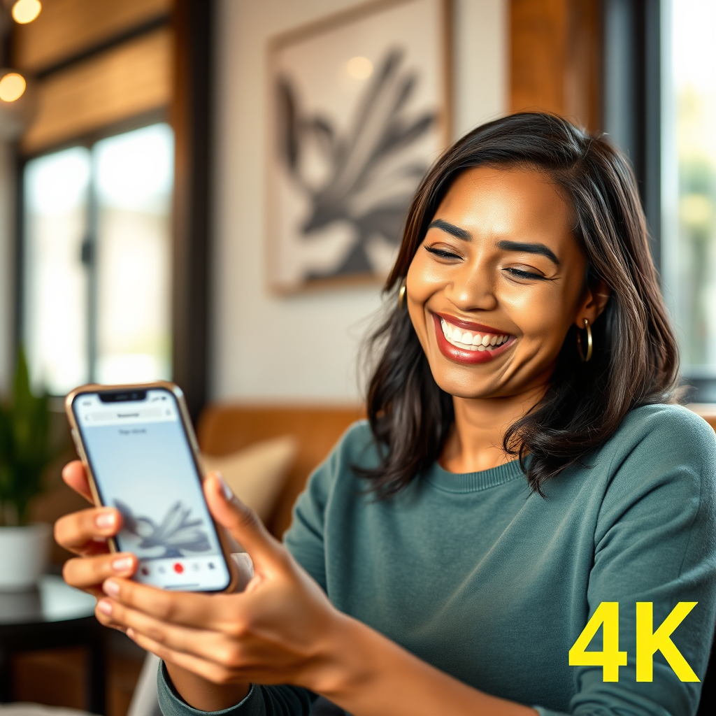 A photorealistic image of a person using a mobile app with a delighted expression. The app interface should be clean and user-friendly, with clear visuals and intuitive navigation. The person's face should be well-lit and expressive, conveying a sense of joy and satisfaction. The background is a blurred depiction of a comfortable environment, such as a coffee shop or a living room. The focus is on the positive emotional connection between the user and the app. 4K resolution.
