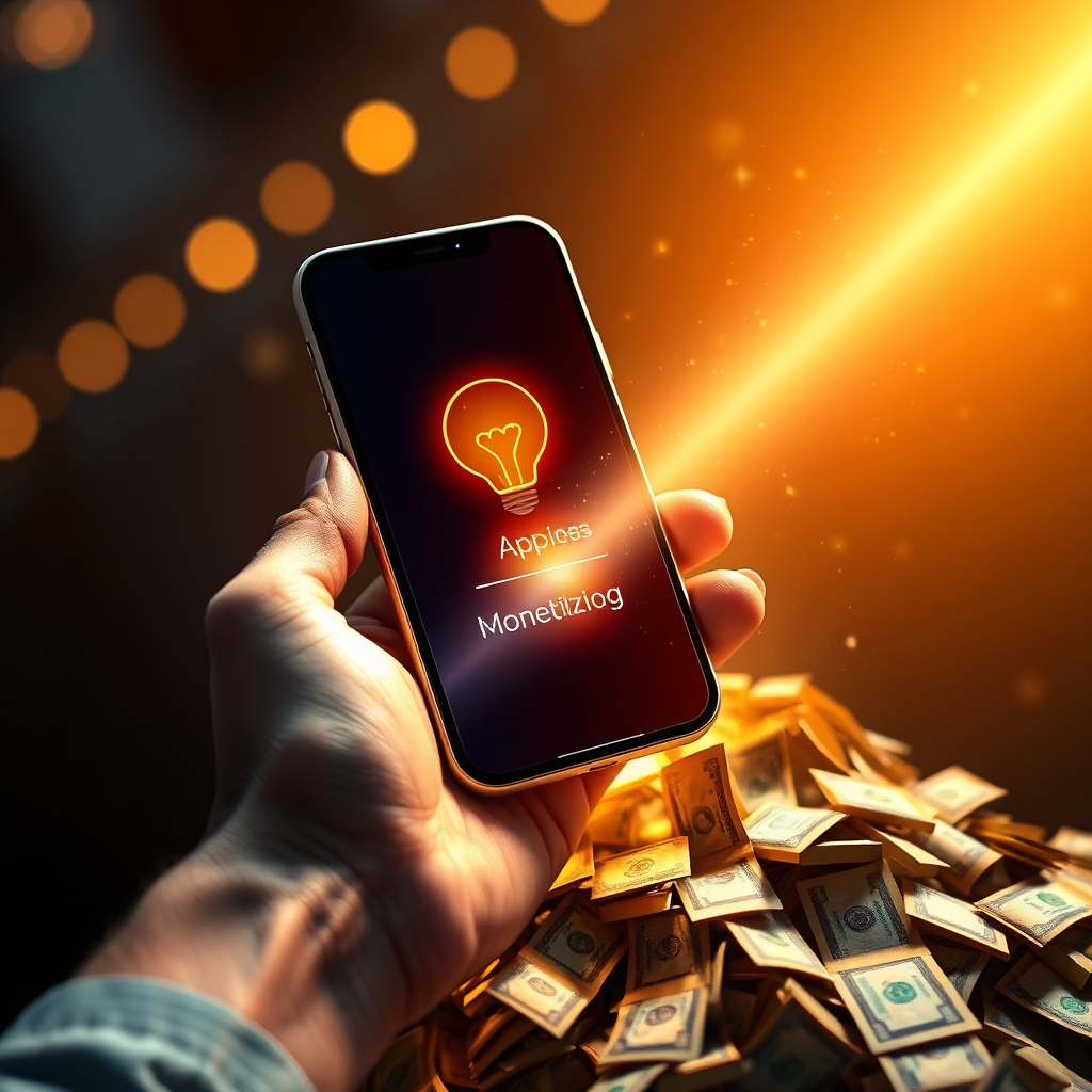  A photorealistic image of a person holding a smartphone with a beam of light emanating from the screen, transforming into a pile of money. The smartphone represents the app idea, and the beam of light symbolizes the process of monetization. The money represents the financial rewards of a successful app business. The color palette is rich and vibrant, with a focus on gold and other metallic tones. The lighting is dramatic and energetic, creating a sense of prosperity and success. 4K resolution.
