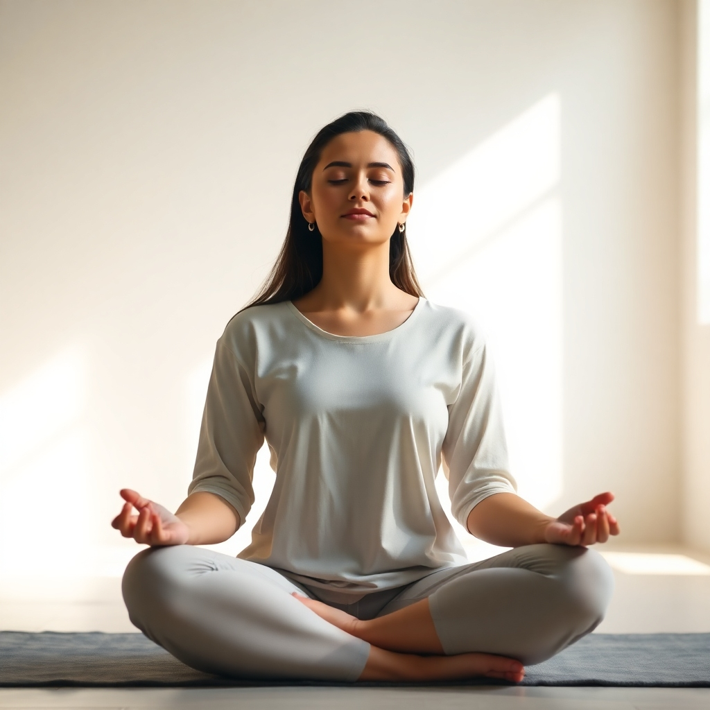 A photorealistic image of a serene person sitting in a lotus position in a sunlit room, eyes closed, peacefully meditating.  Soft, natural light illuminates the scene, emphasizing calmness and tranquility.  The background should be minimalistic and blurred, focusing attention on the individual's peaceful expression.