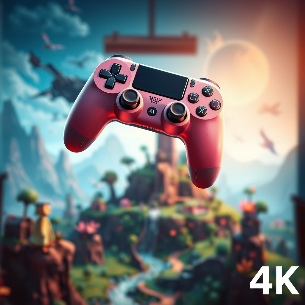  A photorealistic image of a stylized video game controller hovering over a fantastical game landscape. The landscape should be vibrant and detailed, with elements of various game genres. The controller should be sleek and modern, reflecting the cutting-edge technology used in game development. Dynamic lighting should highlight the textures of both the controller and the landscape, creating a sense of immersion and excitement. The background could be a blurred depiction of a gamer's room, emphasizing the connection between the game and the player. Style references include modern gaming art and cinematic lighting techniques. 4K resolution.
