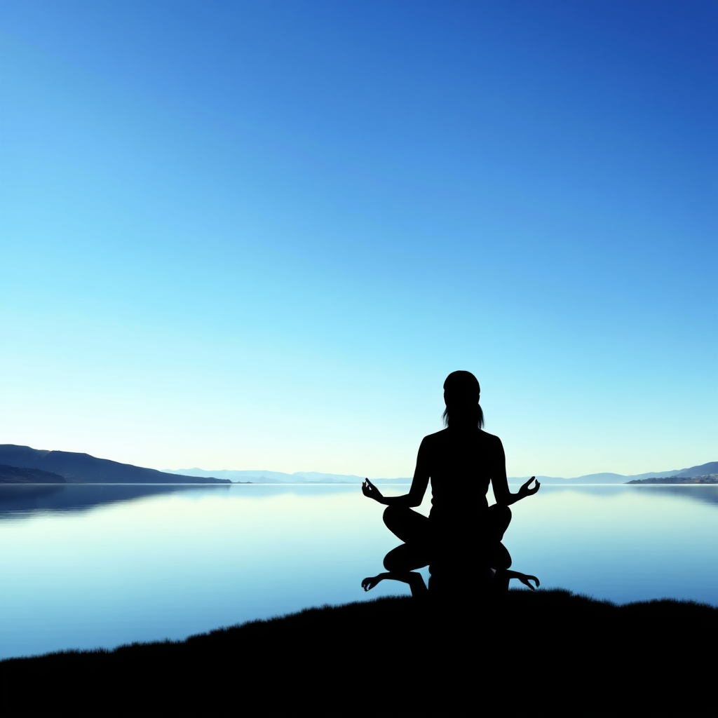 A serene landscape with a clear blue sky and a calm lake reflecting the sky. In the distance, a silhouette of a person meditating. The image evokes a sense of peace and clarity. Color palette: primarily blues and greens, with soft lighting. Technical specs: 8K resolution, photorealistic.
