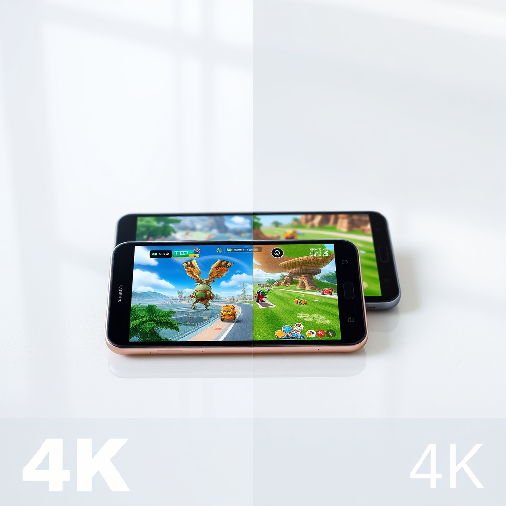  A split-screen image showcasing the same game running seamlessly on an Android tablet and an iOS smartphone. The game should be visually appealing and representative of a popular genre. The devices should be placed on a clean, modern surface with soft, diffused lighting. The focus should be on the smooth performance and consistent visual quality of the game across both platforms. Subtle reflections and shadows should add depth and realism to the scene. The overall feeling is professional and technologically advanced. 4K resolution.
