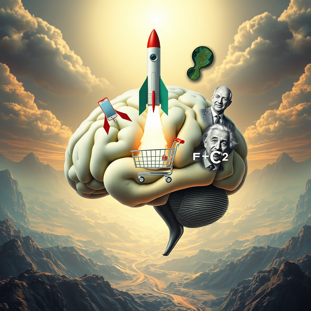 A stylized depiction of a brain transforming into various inventions and breakthroughs associated with Musk, Bezos, Jobs, and Einstein. For example, a brain transforming into a rocket, a shopping cart, an iPhone, and the equation E=mc². The background should be a dynamic, evolving landscape representing progress and innovation. Style: Futuristic and surreal. 8K resolution, hyperrealistic.