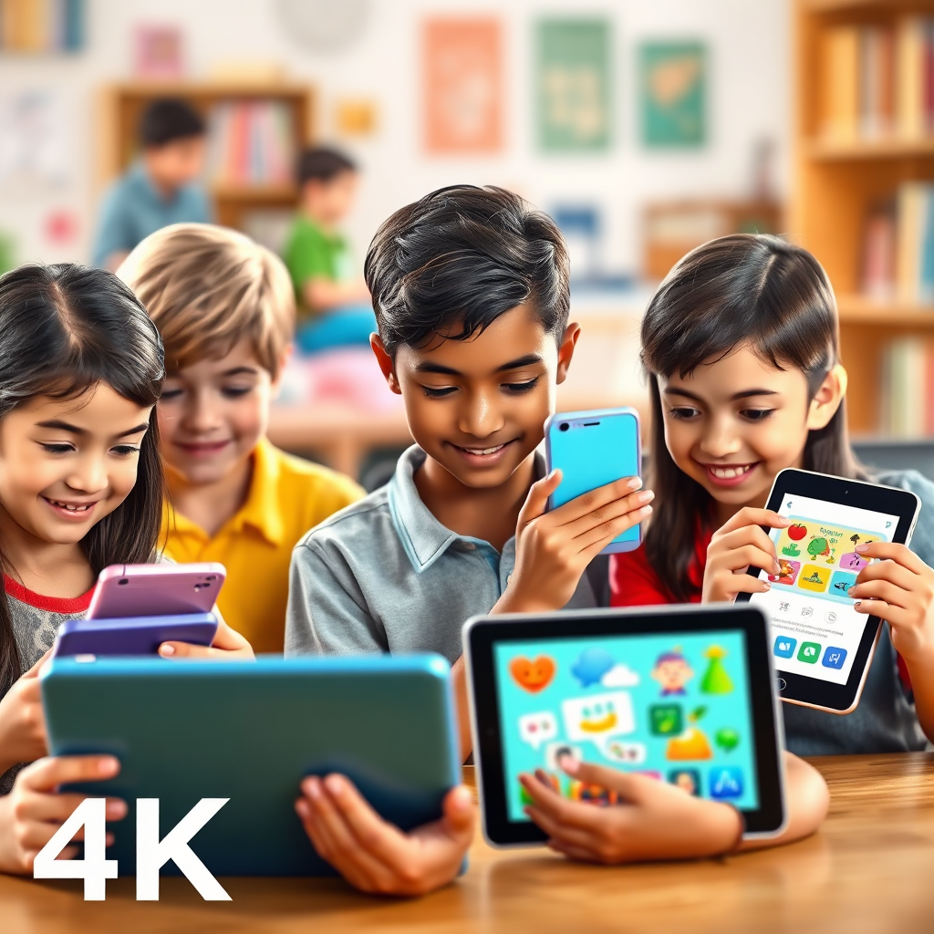  A stylized image depicting people of different ages using educational apps on various devices. The devices include smartphones, tablets, and laptops. The app interfaces should be colorful and interactive, with clear visuals and engaging animations. The people's faces should be well-lit and expressive, conveying a sense of curiosity and excitement. The background is a blurred depiction of different learning environments, such as classrooms, libraries, and homes. 4K resolution.