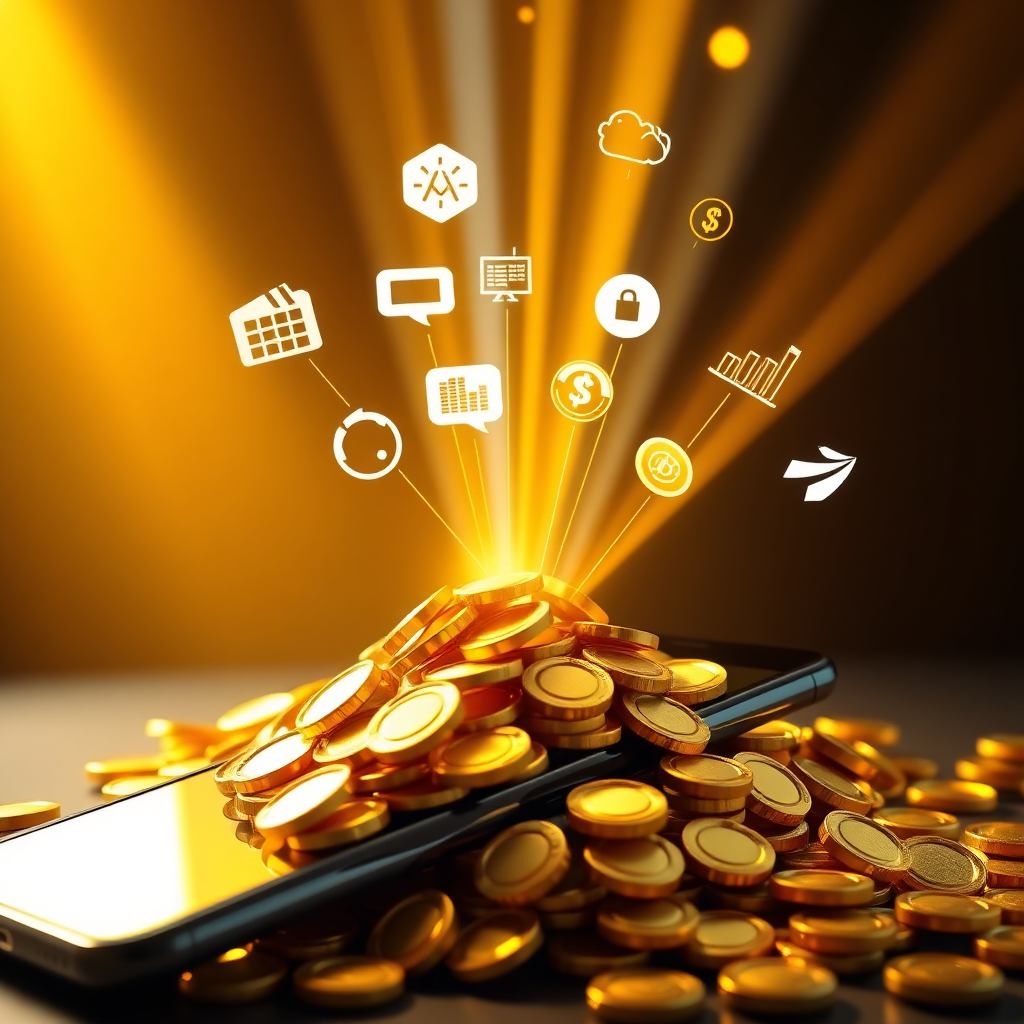 A stylized image representing the flow of revenue from mobile apps. The scene features a smartphone emitting beams of light that converge into a pile of gold coins. The light beams represent different monetization strategies, such as ads, in-app purchases, and subscriptions. The gold coins symbolize the financial rewards of successful app monetization. The color palette is rich and vibrant, with a focus on gold and other metallic tones. The lighting is dramatic and energetic, creating a sense of prosperity and success. 4K resolution.