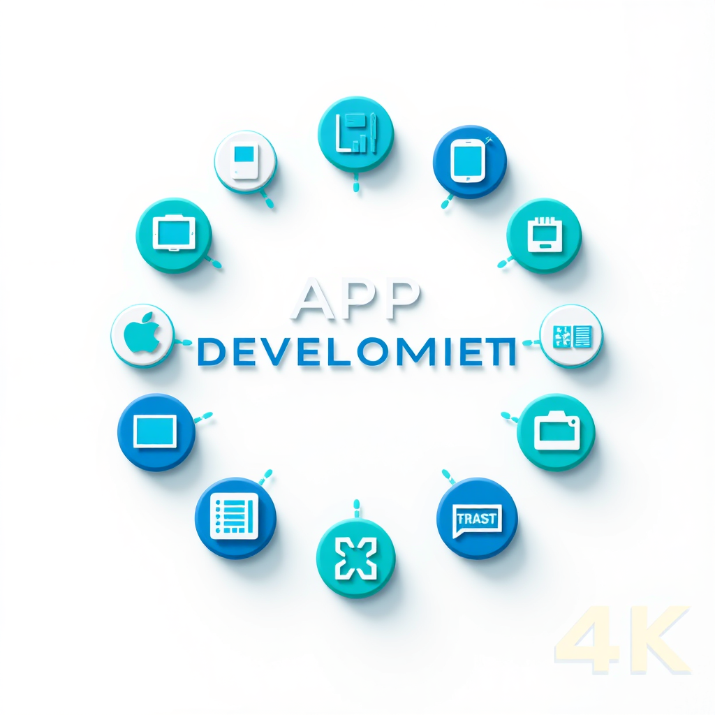 A stylized image representing the different stages of app development. The scene features a series of interconnected icons, each representing a key step in the process, such as design, coding, testing, and deployment. The icons are arranged in a circular pattern, symbolizing the iterative nature of app development. The color palette is clean and modern, with a focus on blues and greens. The lighting is soft and diffused, creating a sense of professionalism and efficiency. 4K resolution.