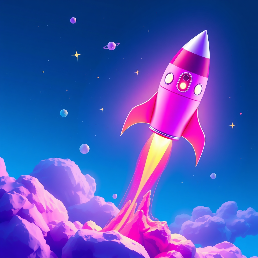 A vibrant, dynamic image depicting a smartphone launching into the sky like a rocket, surrounded by stars and planets. The smartphone represents the app, and the rocket symbolizes the marketing campaign. The stars and planets represent the target audience. The color palette is bright and energetic, with a focus on blues and purples. The lighting is dramatic and exciting, creating a sense of success and achievement. 4K resolution.