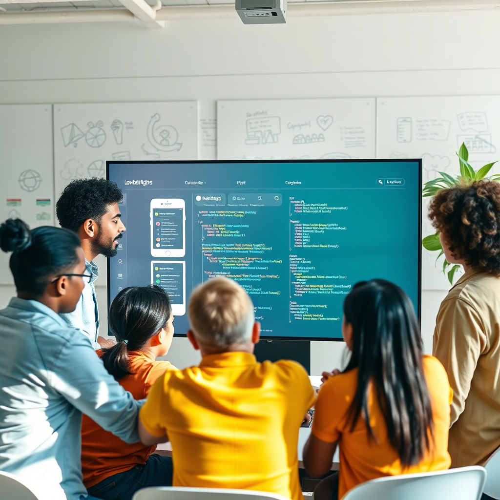 A vibrant, stylized image showcasing the creative process behind mobile app development. The scene features a diverse group of people collaborating around a large digital screen displaying app mockups and code snippets. The color palette is bright and optimistic, with accents of blue, green, and yellow. The lighting is soft and natural, creating a welcoming and collaborative atmosphere. The camera angle is a medium shot, capturing the energy and enthusiasm of the team. The background is a modern, open-plan office space with whiteboard walls covered in sketches and ideas. The image should convey innovation, collaboration, and the potential for creating impactful mobile applications. Focus on clean lines and a modern aesthetic, emphasizing the blend of creativity and technical expertise that drives LowballApps. 4K resolution, high quality.