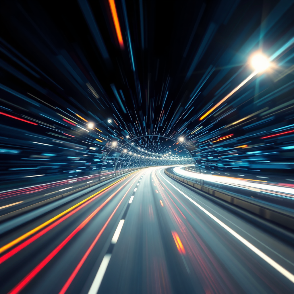 Abstract image of a neural pathway resembling a highway, with light streaks representing the flow of information. Use of perspective to create a sense of depth and speed.