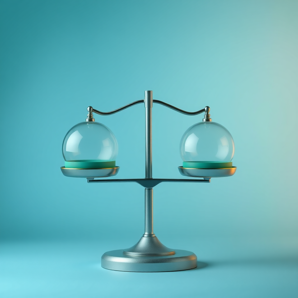 An abstract image representing the concept of ethical and effective app monetization. The scene features a balance scale with user satisfaction on one side and revenue generation on the other. The scale is perfectly balanced, symbolizing the ideal equilibrium between these two factors. The color palette is calming and professional, with a focus on blues and greens. The lighting is soft and diffused, creating a sense of trustworthiness and transparency. 4K resolution.