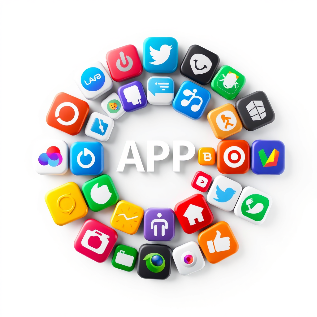  An image showcasing a wide range of app categories represented by their respective icons. The icons are arranged in a circular pattern, symbolizing the interconnectedness of different app genres. The color palette is diverse and vibrant, reflecting the wide range of app possibilities. The background is a clean, neutral color, allowing the icons to stand out. 4K resolution, stylized rendering.