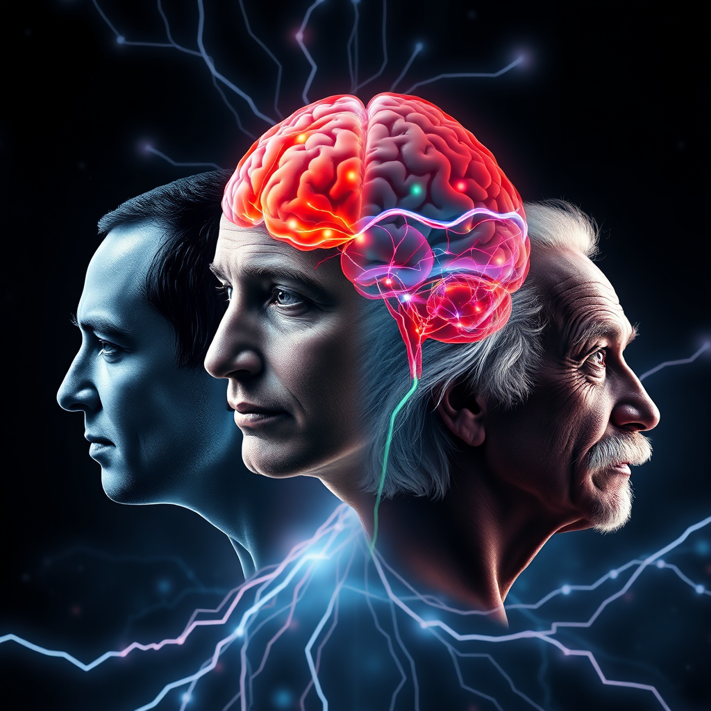 Create a digital artwork compositing brain scans of Elon Musk, Jeff Bezos, Steve Jobs, and Albert Einstein. The scans should be subtly overlaid and color-coded to highlight shared neural regions and patterns. The background should be a dark, abstract space with glowing lines connecting the different brains. Style: Modern scientific visualization, high contrast. 8K resolution, hyperrealistic.