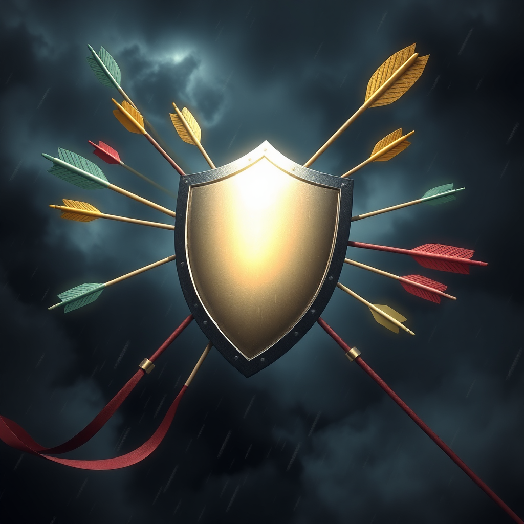 Create a photorealistic image depicting a strong shield deflecting arrows of different colors and sizes. The shield is brightly lit and represents protection from various risks. The background is dark and stormy, symbolizing the challenges and uncertainties of life.
