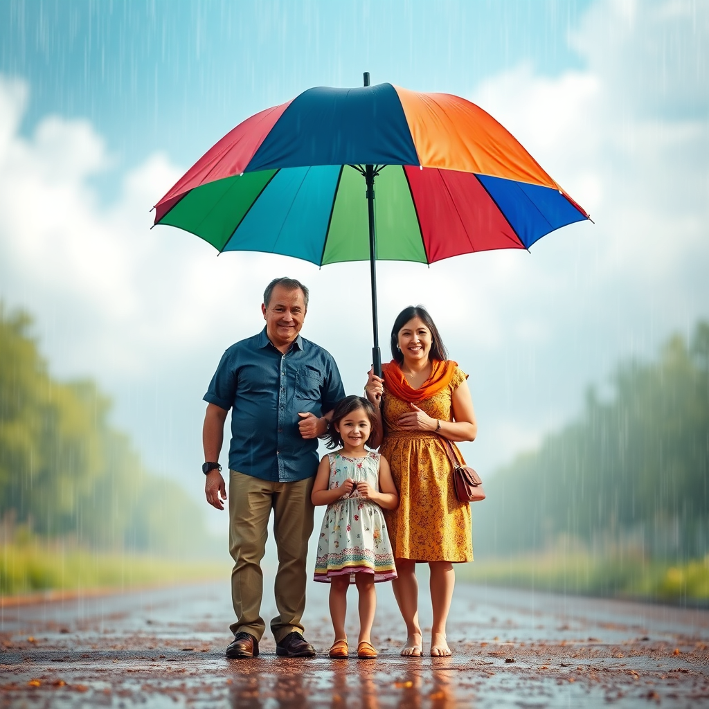 Create a photorealistic image of a family (parents and children) standing under a large, protective umbrella. The umbrella is colorful and sturdy, shielding them from rain representing life's uncertainties. The scene should evoke feelings of safety and security.