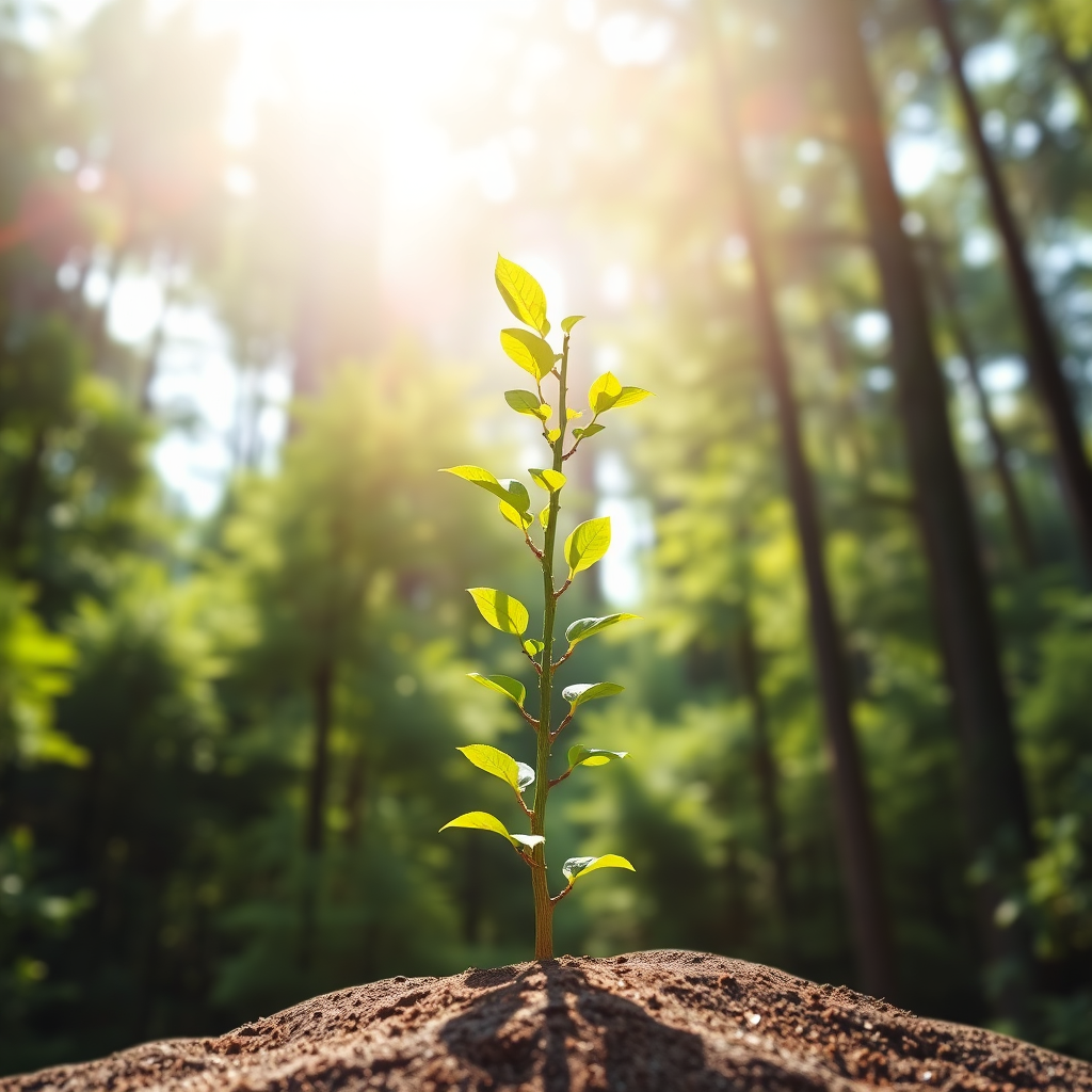 Create a photorealistic image depicting a sapling growing upwards towards the sunlight. The sunlight represents opportunity and potential, and the sapling represents the growth of wealth. The background is a lush, green forest, symbolizing a healthy and thriving financial environment.