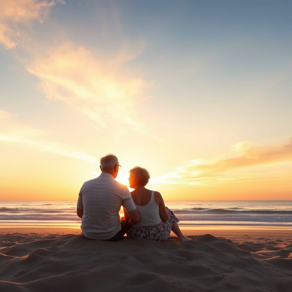 Create a photorealistic image depicting a couple enjoying a peaceful sunset on a beach. They are relaxed and content, symbolizing a comfortable retirement. The colors should be warm and inviting, and the overall image should convey a sense of peace and tranquility.