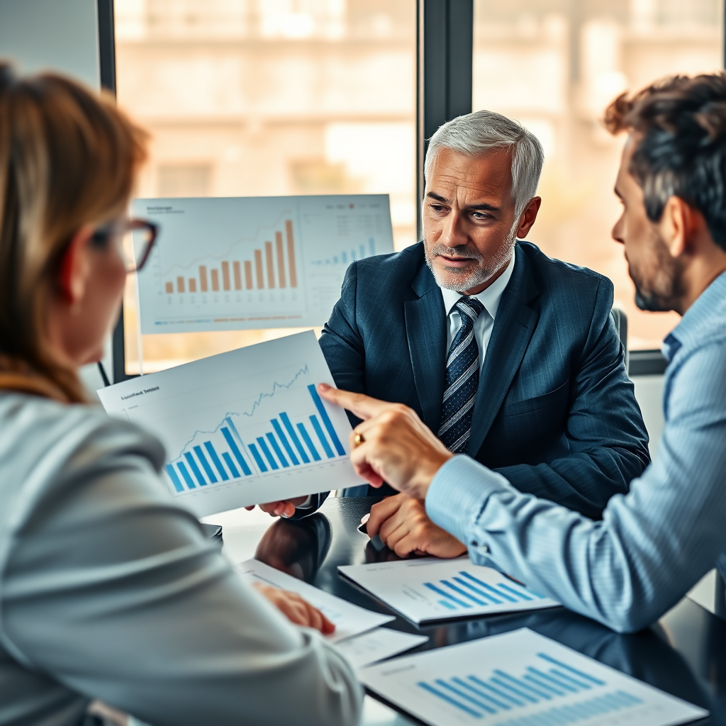 Create a photorealistic image depicting a financial advisor sitting at a desk, reviewing charts and graphs with a client. The advisor is pointing to a specific data point, explaining its significance. The scene should evoke feelings of trust and expertise.