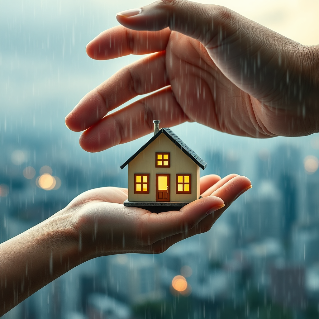 Create a photorealistic image of a hand gently shielding a miniature house from a rainstorm. The hand is strong and protective, the rain is depicted as light and gentle, and the house is brightly lit from within, symbolizing safety and security. The background is a blurred cityscape, indicating the wider world and potential risks.