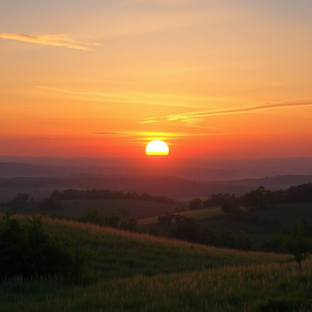 Create a photorealistic image depicting a comforting sunset over a peaceful landscape. The sunset represents the end of life, and the landscape represents the legacy left behind. The colors should be warm and soothing, conveying a sense of peace and tranquility.