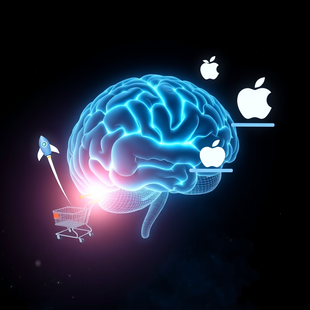 Create a photorealistic, ultra-high-quality header image for NeuroMindsetHub. The image should visually represent the concept of a 'Genius Bridge', connecting different areas of the brain and unlocking mental potential. The central element is a stylized representation of a human brain, glowing with intricate neural pathways illuminated with soft, blue light. Emerging from this brain are abstract bridges that lead to different symbols representing innovation, leadership, and intellect: a rocket (Musk), a shopping cart (Bezos), an apple (Jobs), and mathematical equations (Einstein). The background should be a dark, cosmic space with subtle nebulae and stardust. The lighting should be dramatic, emphasizing the glowing brain and the bridges. The camera angle is a slightly low, wide shot to give a sense of scale and importance. Textures should be highly detailed, showcasing the complexity of the brain and the smoothness of the bridges. The style is modern and sleek, inspired by futuristic technology and scientific visualization. 8K resolution, hyperrealistic.