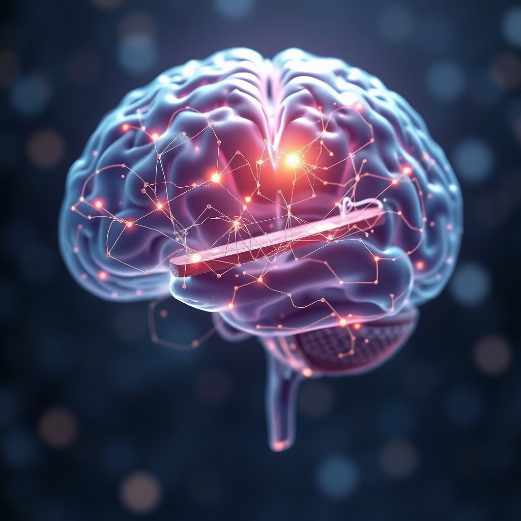 Create a photorealistic, ultra-high quality hero image for NeuroMindsetHub. The scene depicts interconnected neural pathways visualized as a glowing, crystalline bridge spanning across two hemispheres of a human brain. The brain itself is a translucent, ethereal structure, softly illuminated from within. Focus on intricate details of the neural network, emphasizing the 'Genius Bridge' as a vibrant, pulsating nexus of activity. Use a color palette of deep blues, purples, and shimmering golds to convey intelligence and sophistication. Lighting should be soft and diffused, creating a sense of wonder and discovery. Consider a subtle bokeh effect in the background to add depth. Camera angle should be a slightly elevated perspective, showcasing the entire brain and the interconnected bridge. Style references include scientific visualizations and futuristic technology interfaces. Technical specs: 8K resolution, hyperrealistic rendering, volumetric lighting.