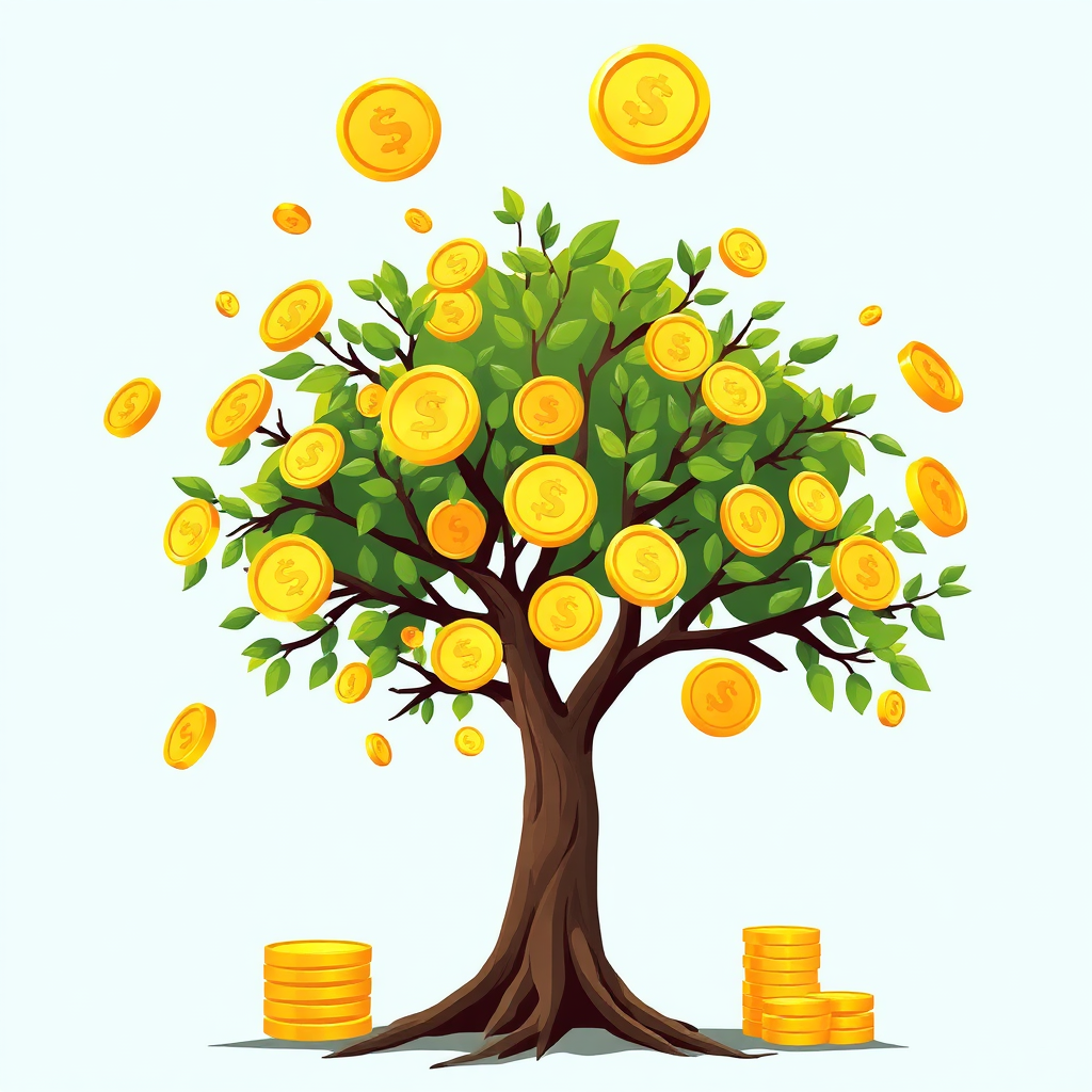 Create a stylized image representing a tree with golden coins growing on its branches. The tree is healthy and vibrant, symbolizing wealth and prosperity. The background is a clear blue sky, representing endless possibilities.