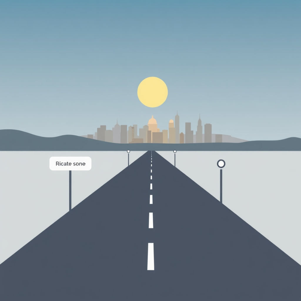Create a stylized image representing a roadmap leading to a distant, glowing cityscape. The roadmap is clear and well-defined, with signposts indicating milestones and achievements. The cityscape represents long-term financial goals, and the overall image conveys a sense of direction and purpose. The style should be modern and minimalist, with clean lines and a muted color palette.