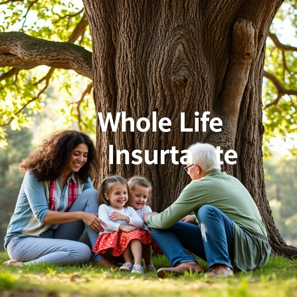 Create an image showing a family gathering around a sturdy oak tree that represents Whole Life Insurance, offering security and enduring protection. The lighting should be warm and inviting.