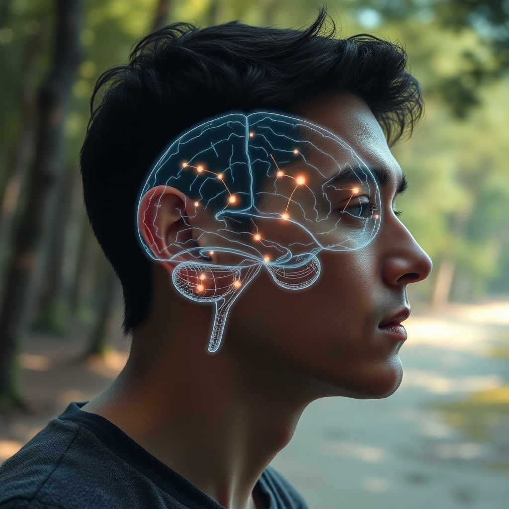 Depict a person in deep concentration, with a subtle holographic overlay showing targeted brain stimulation. The overlay highlights specific neural pathways and regions associated with creativity and problem-solving. The background should be a calming, natural environment, such as a forest or a beach. Render in 8K resolution, hyperrealistic.