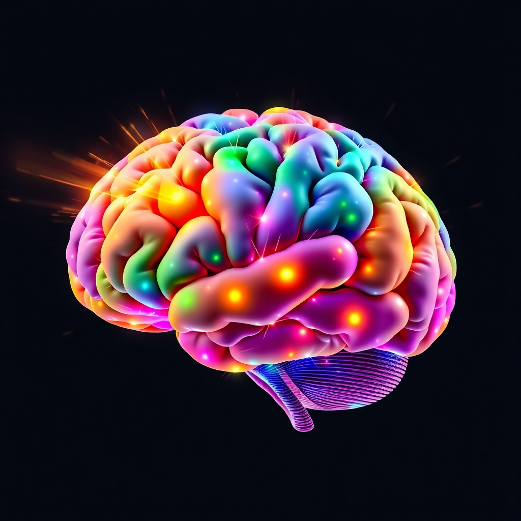 Depict multiple brain regions firing in sequence, creating a wave of activity across the brain. Use vibrant colors to represent the different regions and their functions. The overall effect should be dynamic and engaging. Color palette: a rainbow of colors, with a focus on blues, greens, yellows, and oranges. Technical specs: 8K resolution, stylized rendering.