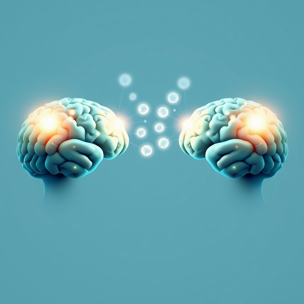 Depict two interconnected brains exchanging glowing orbs of light. The orbs represent data packets. The connection is strong and vibrant. Use a clean, modern style with a focus on conveying the idea of seamless information transfer. Color palette: primarily blues and greens, with highlights of white and gold. The background is a soft gradient. Technical specs: 8K resolution, stylized rendering.