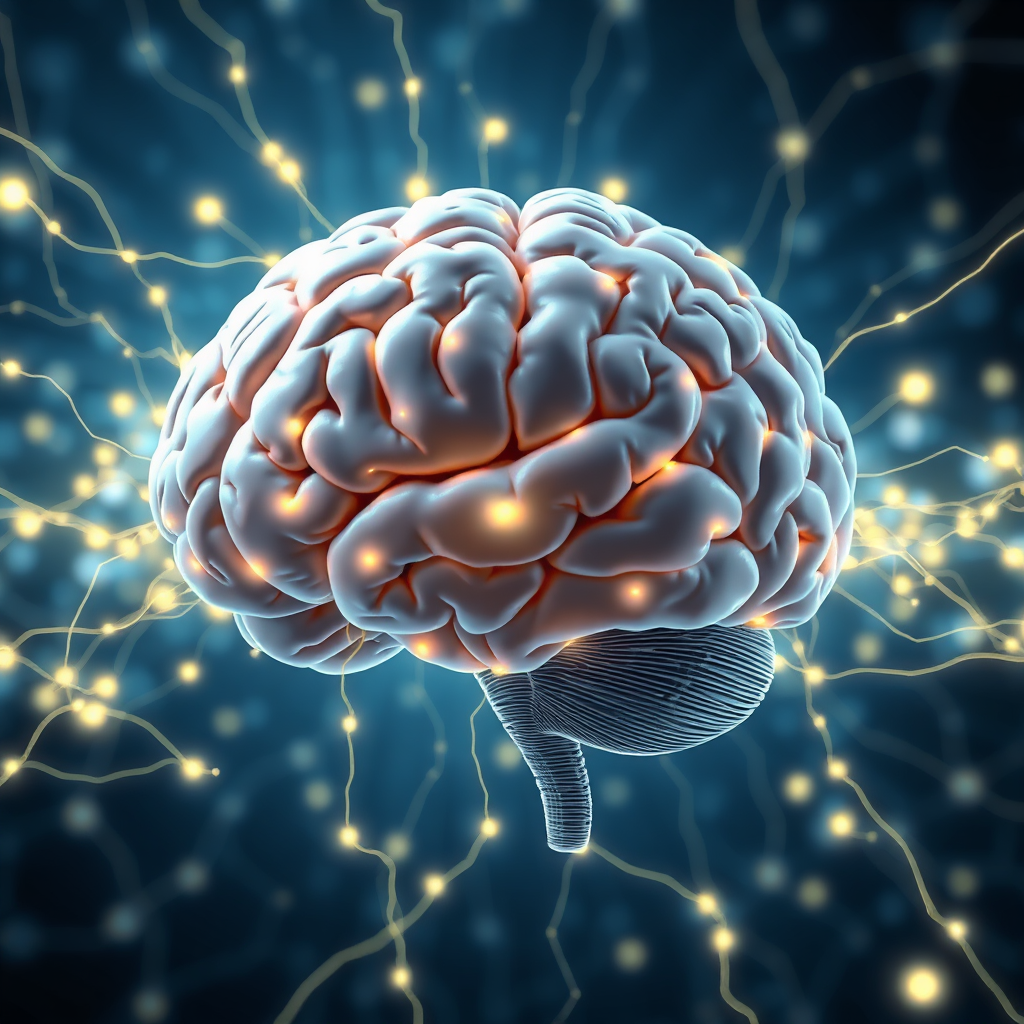 Illustrate a human brain surrounded by a network of glowing lines, representing optimized neural pathways. The brain itself is clear and focused. The overall image conveys a sense of clarity and efficiency. Color palette: primarily blues and whites, with subtle accents of green and gold. Technical specs: 8K resolution, photorealistic.