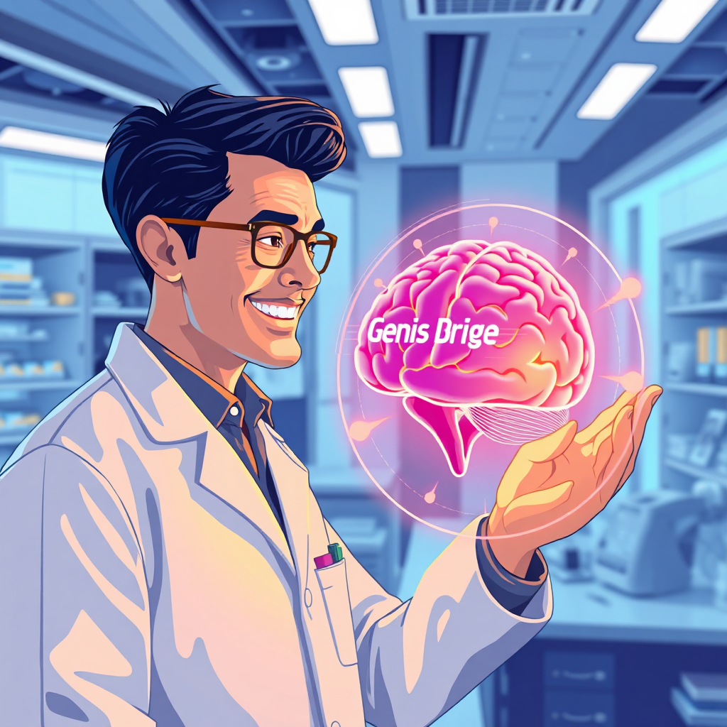 Illustrate a scientist in a futuristic lab looking at a holographic representation of a human brain. The 'Genius Bridge' is highlighted in vibrant colors. The scientist is smiling, conveying a sense of excitement and discovery. The lab should be clean and well-lit. Color palette: predominantly blues and whites, with accents of orange and yellow. Technical specs: 8K resolution, photorealistic.