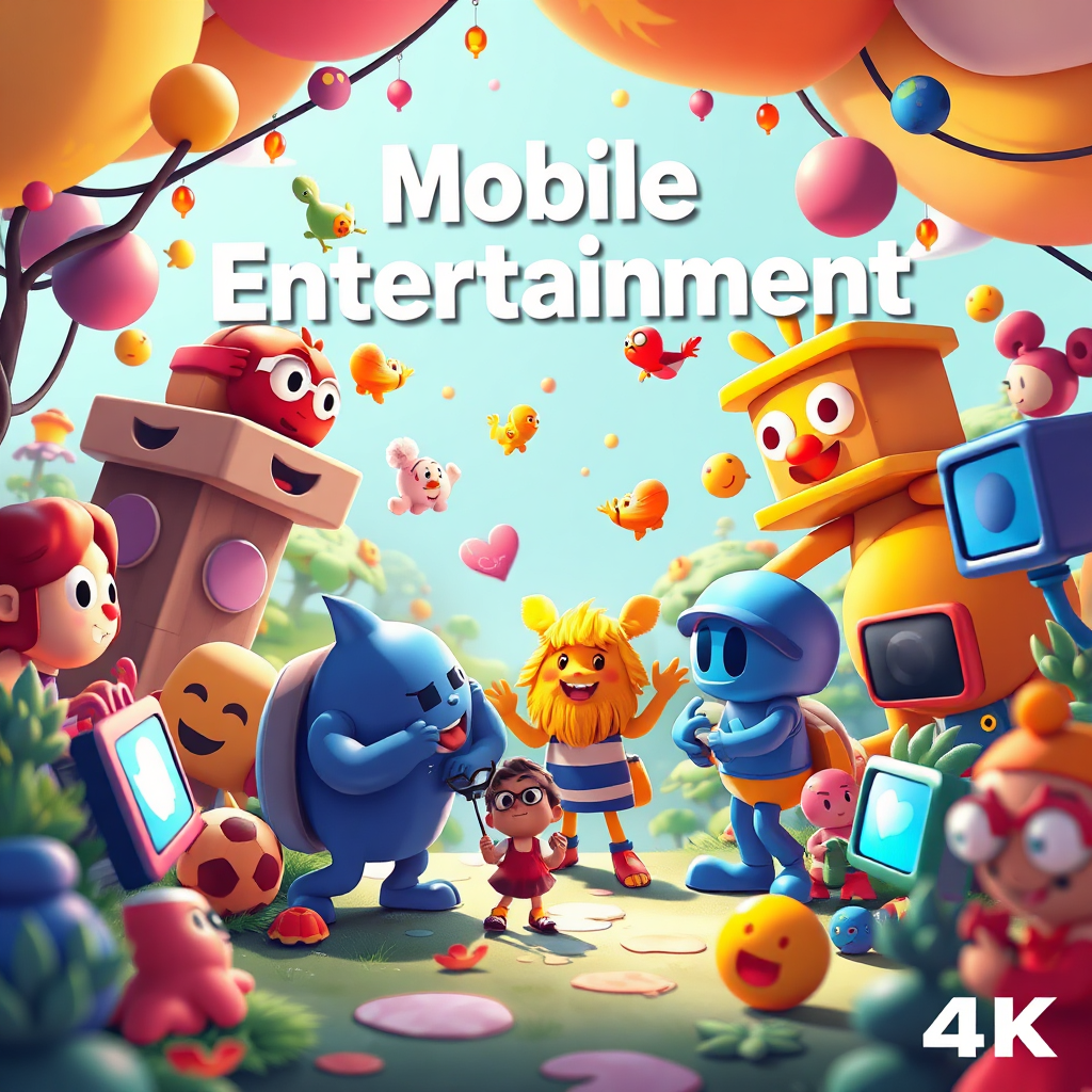 A vibrant, stylized image depicting a fantastical world of mobile entertainment. The scene features characters from various game genres, interacting with each other in a whimsical and engaging way. The color palette is bright and cheerful, with a focus on primary colors. The lighting is soft and inviting, creating a sense of fun and excitement. The overall feeling is playful and imaginative. 4K resolution.