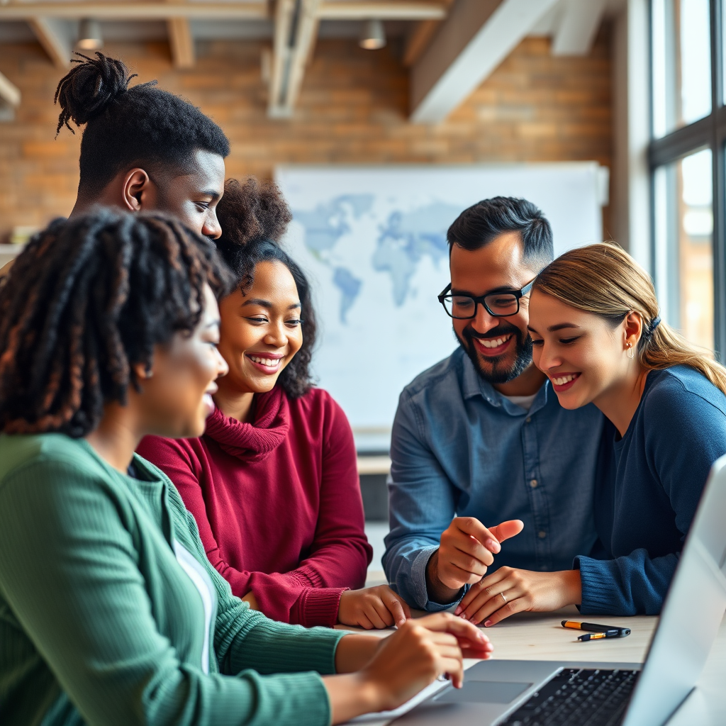 People from diverse backgrounds working together, collaborating on a project related to brain science. The overall mood is collaborative and inspiring. Color palette: a range of bright and cheerful colors. Technical specs: 8K resolution, photorealistic.