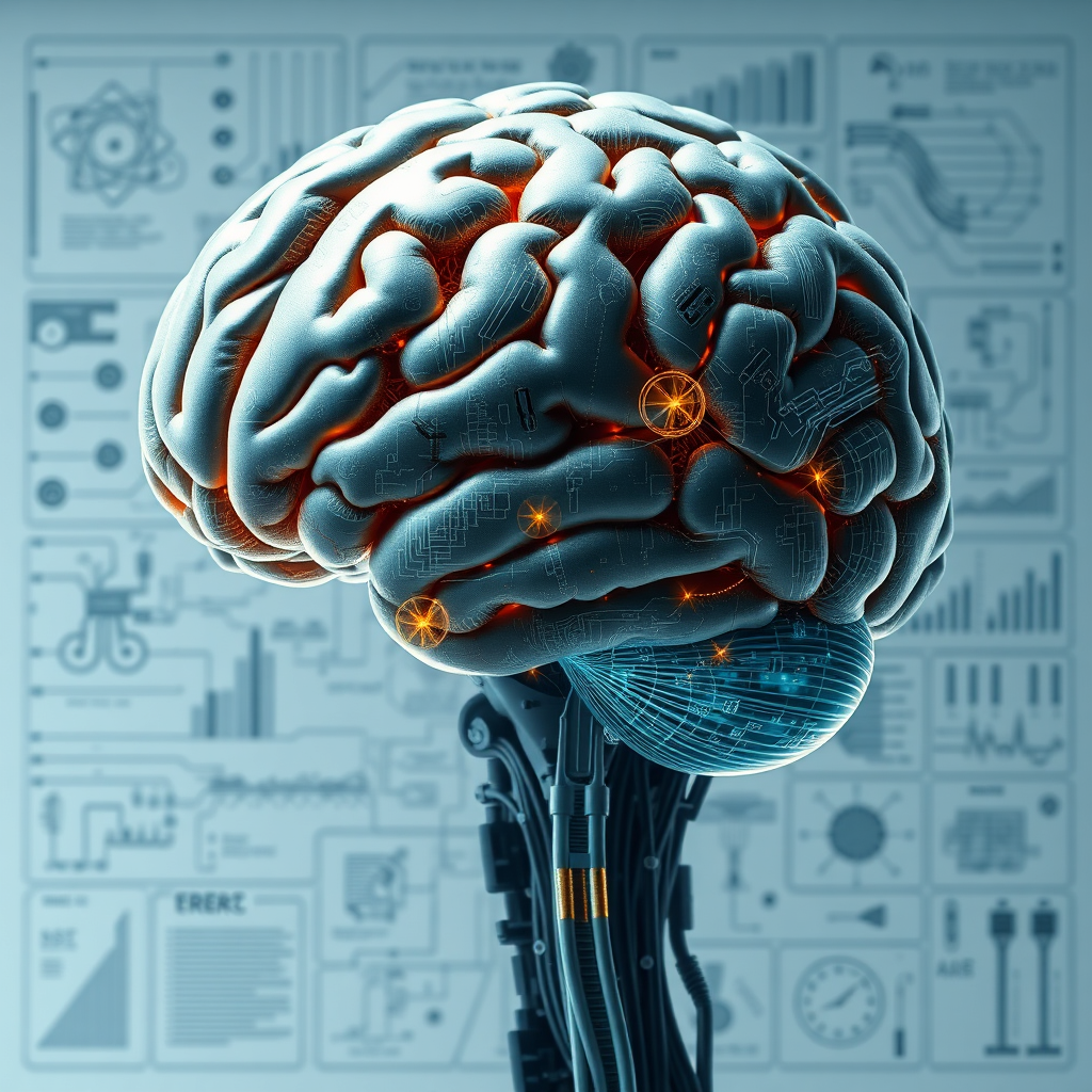 Photorealistic image of a brain transforming into a blueprint. Technical details are shown, highlighting design elements and schematics. Focus on a sense of innovation and potential.