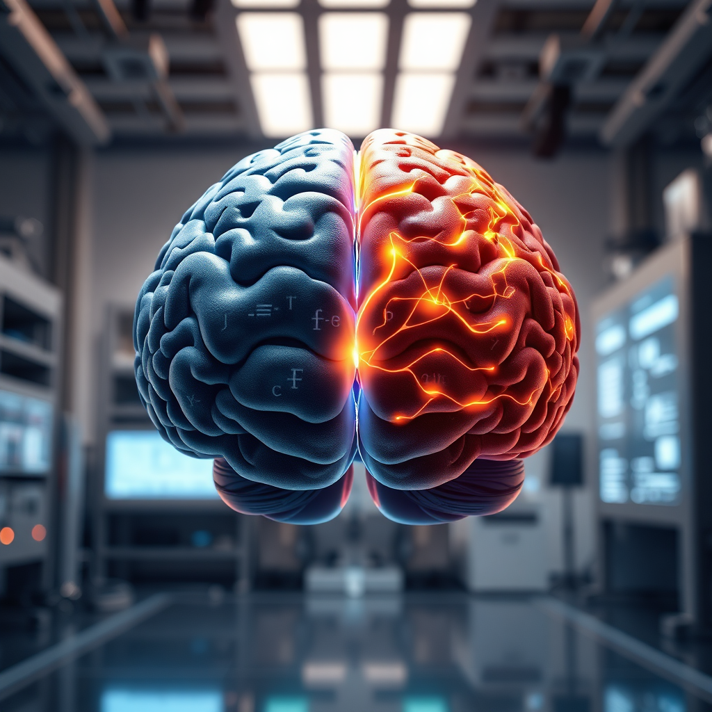 Photorealistic image of a human brain, split into two hemispheres, connected by a vibrant, glowing bridge of neural connections. The left hemisphere displays mathematical equations and logical symbols in a soft, blue light, while the right hemisphere showcases artistic patterns and creative designs in warm, golden hues. The 'genius bridge' glows with an intense, pulsating energy, symbolizing the enhanced communication and synergy between the two halves. The background is a softly blurred laboratory setting with advanced scientific equipment. Lighting is dramatic, with strong contrasts emphasizing the bridge. Camera angle is a slightly low, wide shot, capturing the entire brain and its glowing connection. Textures are highly detailed, showcasing the intricacies of the brain's surface and the bridge's energy flow. The style is inspired by modern scientific visualizations and neurological art. 8K resolution, hyperrealistic rendering.