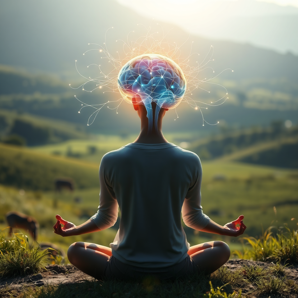 Photorealistic image of a person meditating, their brain glowing with interconnected neural pathways. The background is a serene landscape with soft sunlight. Focus on a peaceful and empowering atmosphere.