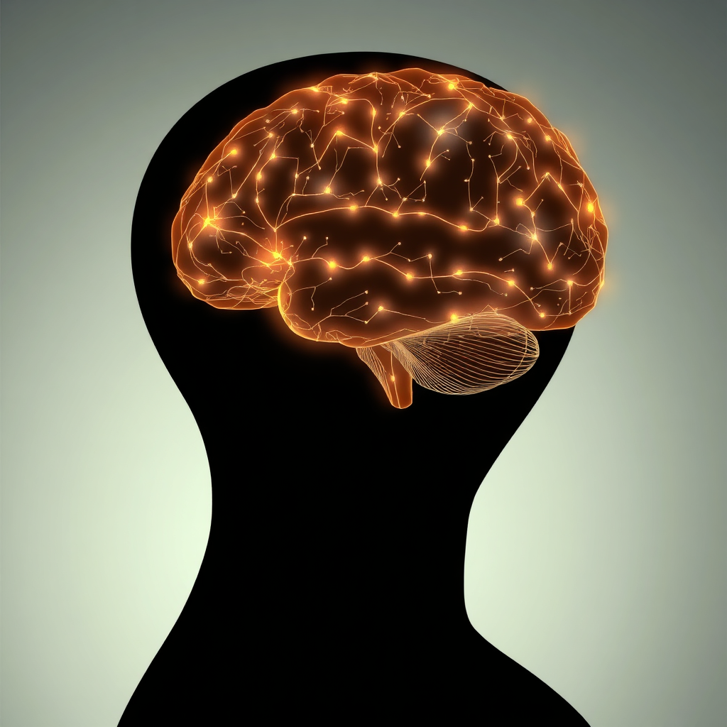Photorealistic image of a person's head silhouette with the brain highlighted, showcasing active neural connections. A glowing effect symbolizes mental empowerment. Soft, warm lighting.
