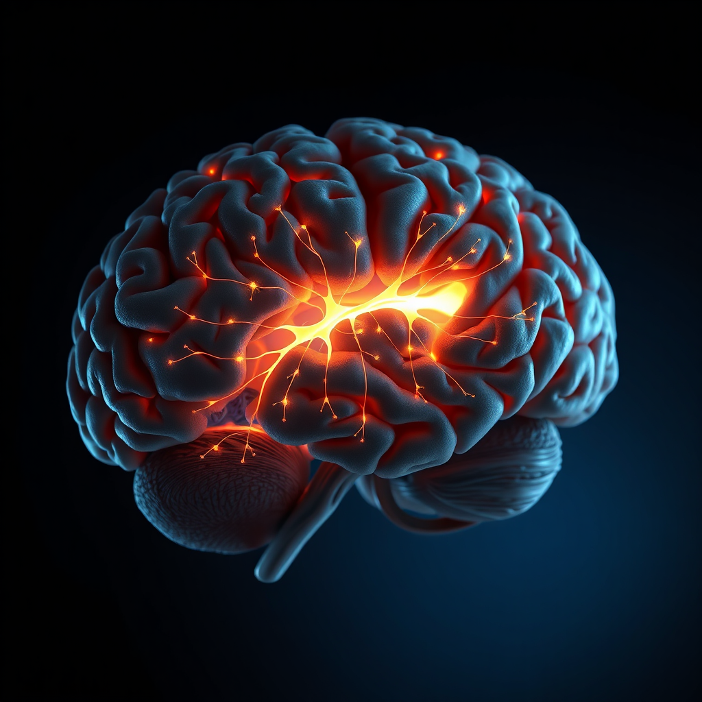 Photorealistic image of Einstein's brain section highlighting the corpus callosum as a brightly lit bridge. Neurons are firing across this bridge. Focus on detail, showing the intricate structure of the brain tissue. Dark background, soft blue illumination.