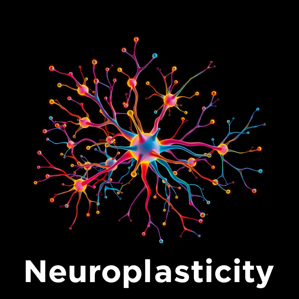 Stylized image of neurons connecting and branching out, forming a complex network. Use of bright colors and dynamic lines to convey the concept of neuroplasticity. Dark background.