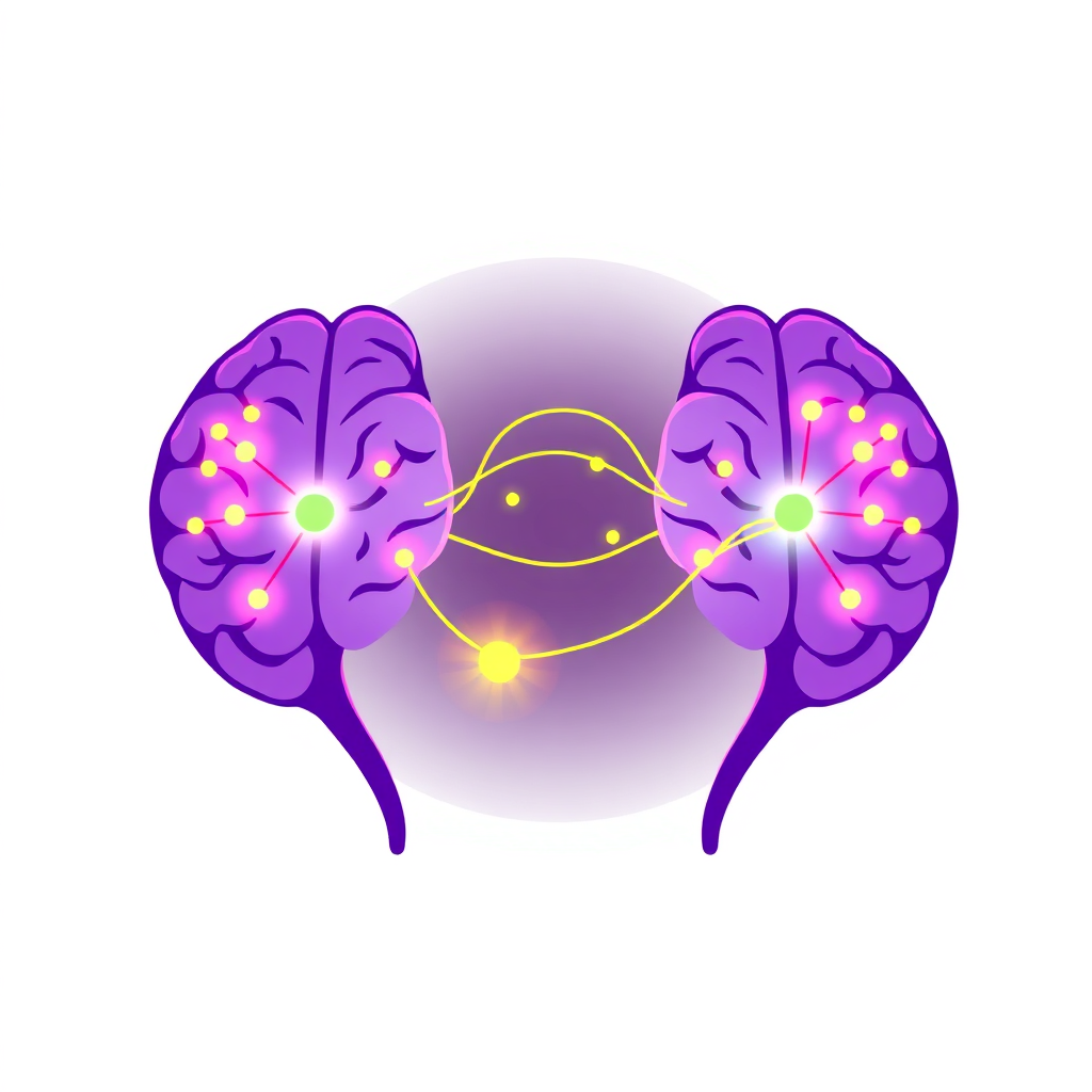 Stylized visualization of two brain hemispheres with interconnected nodes glowing. A vibrant energy flow illustrates the communication between them. Use of abstract shapes and vibrant colors, purple, pink, yellow and green.