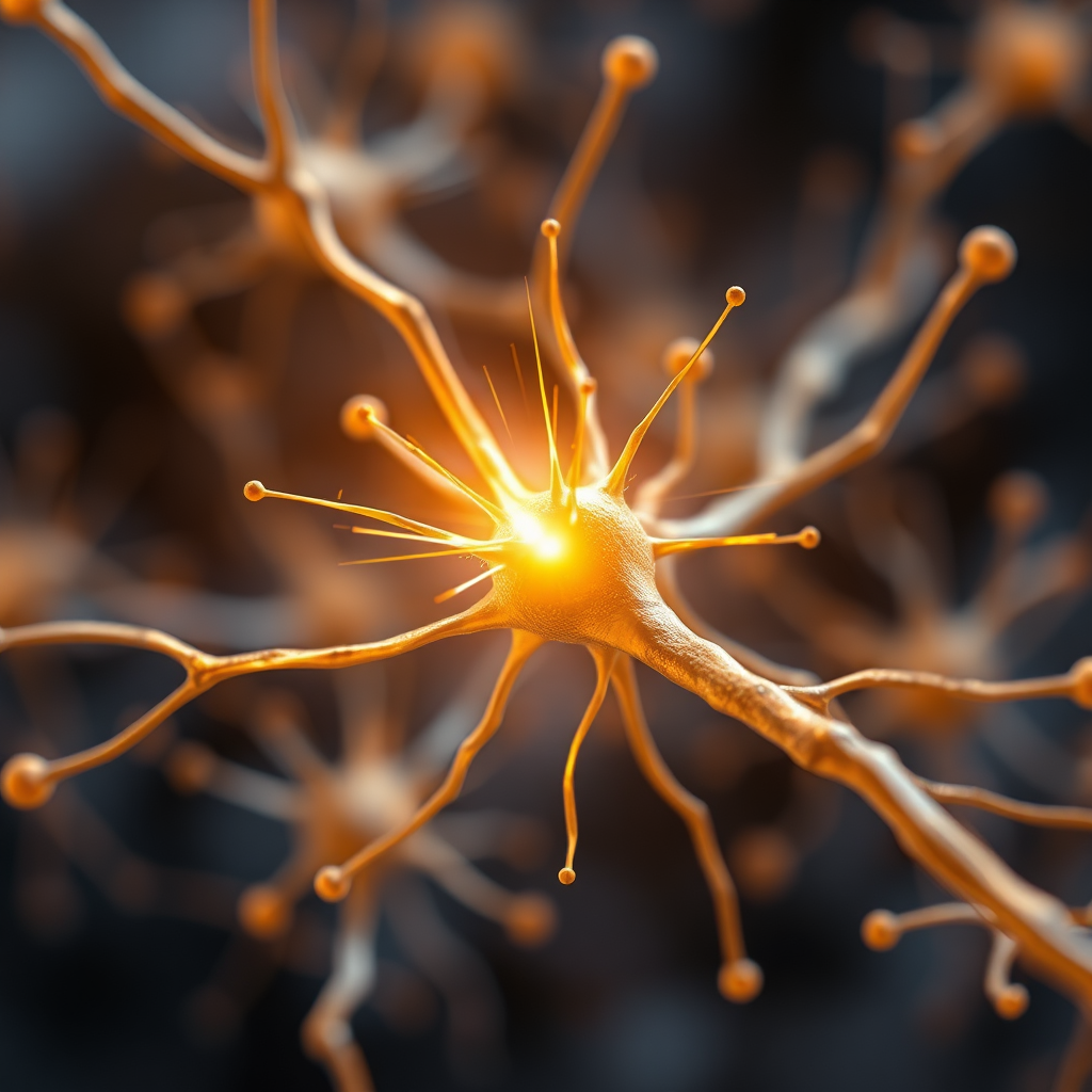 Visualize a close-up of a single neuron firing, emitting a bright, golden spark. The background is a blurred network of other neurons, creating a sense of depth and interconnectedness. The overall mood should be energetic and inspiring, symbolizing the birth of a new idea. Use a macro lens effect to capture the intricate details of the neuron's structure and the electric spark. Color palette: predominantly gold, with subtle hints of blue and purple. Technical specs: 8K resolution, photorealistic.